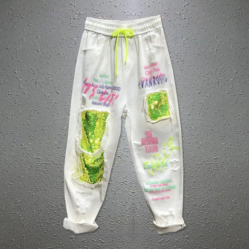 Women's Spring And Summer Personality Color Sequins Ripped Jeans New Drawstring Loose Straight Streetwear Denim Harem Pants