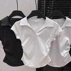Cotton Summer Sexy Women's T Shirt Skinny Slim Basic Solid Crop Top Short Sleeve Polo TShirtCasual Top Tee for Women