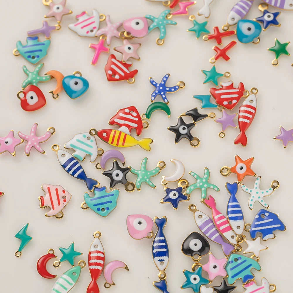 20pcs Stainless Steel Enamel Charms Mixed Moon Star Cross Fish Animal Charm Pendant DIY for Necklace Bracelet Jewelry Making