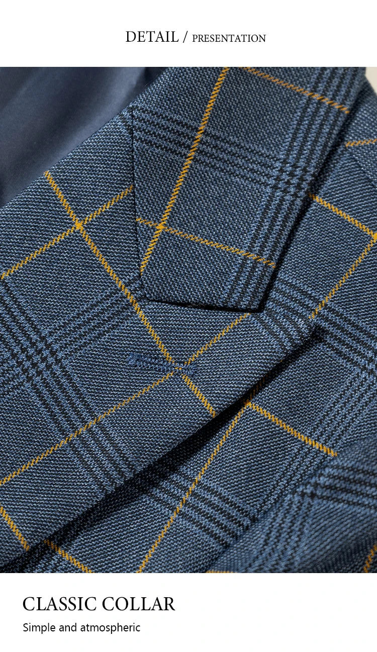 ST Cassy Dark Blue 3 Piece Checkered Suit Set Stylish Business Office Wedding Formal Outfit Elegant Full Man Suit