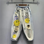 2025 Fashion Printed Ripped Distressed Streetwear Jeans Women's Summer New High-waisted Loose Straight-leg Versatile Harem Pants