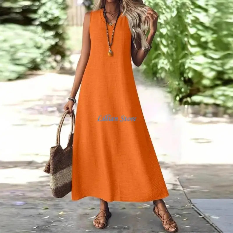 Q1FA Summer Dresses for Women Cotton Linen Maxi Dress Casual Sleeveless Long Sundress Vacation Outfits