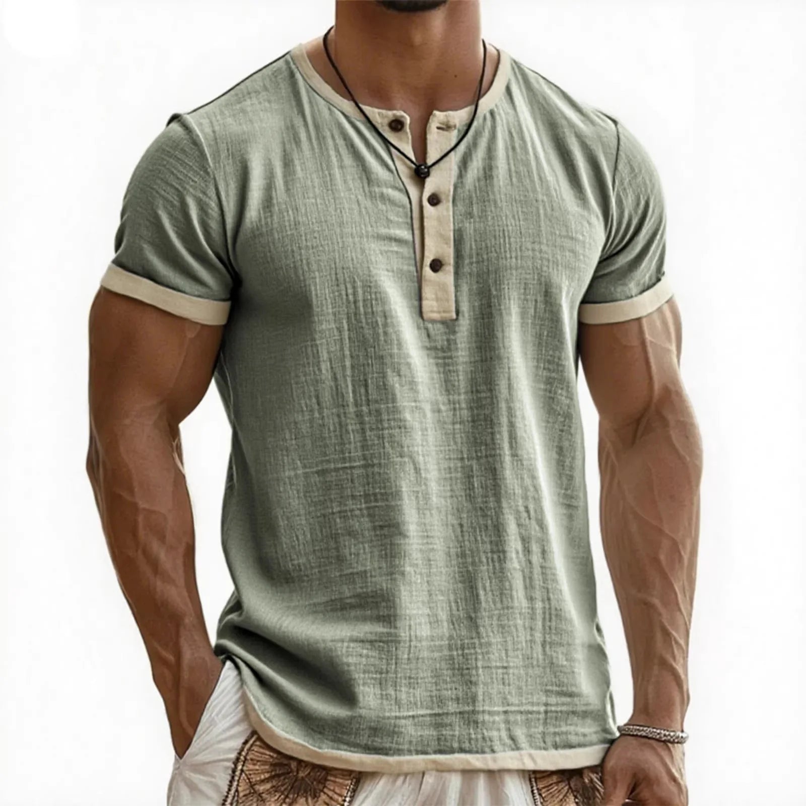 Summer New Men's Cotton Linen Shirt Casual Contrast Trim Short Sleeve Top Breathable Comfort Slim Fit Sports Casual Shirt