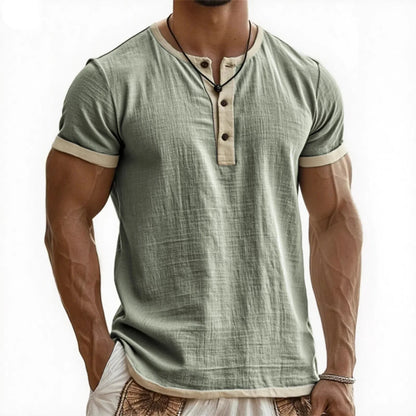 Summer New Men's Cotton Linen Shirt Casual Contrast Trim Short Sleeve Top Breathable Comfort Slim Fit Sports Casual Shirt