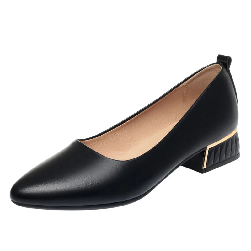 2026 Summer Women's Soft Leather Chunky Heel Pumps  Pointed Toe Low Heel Office Shoes White Work Dress Shoes Size 35-41