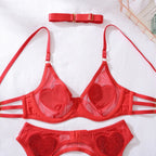 Ellolace Tempted Women's Lingerie Sets Daring Heart Rhinestone Bra Belt Thong 3PC with Choker Leg Circles Intimate Miss Outfits