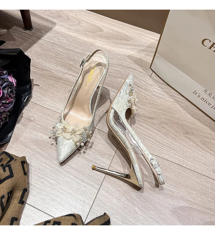 French Bride Gold Wedding Shoes spring women Thin Heel Pointed Shallow Mouth Flower Rhinodrill High Heels  Fashion Sandals