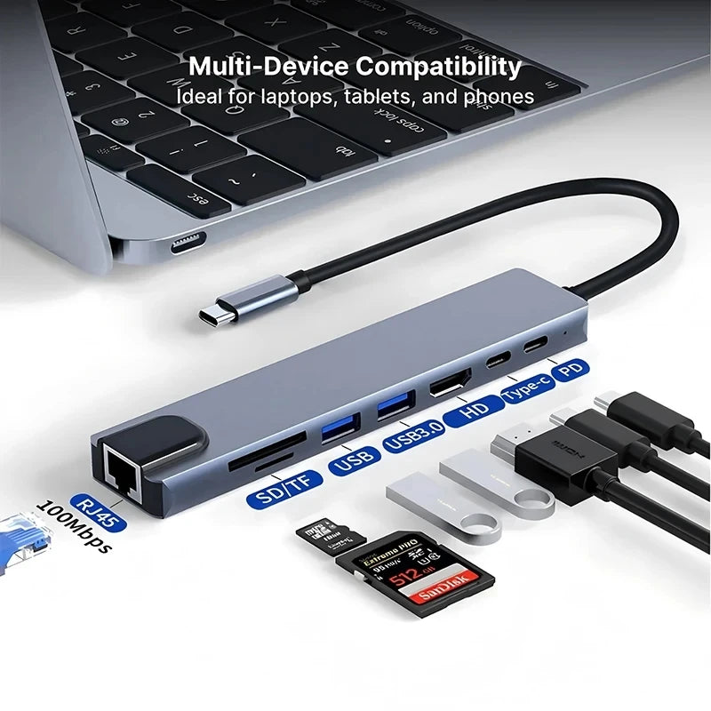 FANGTUOSI Usb 8 In 1 Type C 3 1 To 4k HdTV Hub Adapter With Sd Tf Rj45 Card Reader Pd Fast Charge For Macbook Notebook Computer