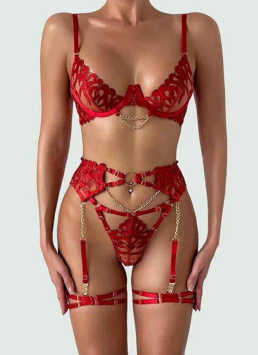 Ellolace Hot Women's Lingerie Sets Charming Bra Belt Thong 3PC with Leg Circles Fantasy Deep V-neck Women Intimate Underwear