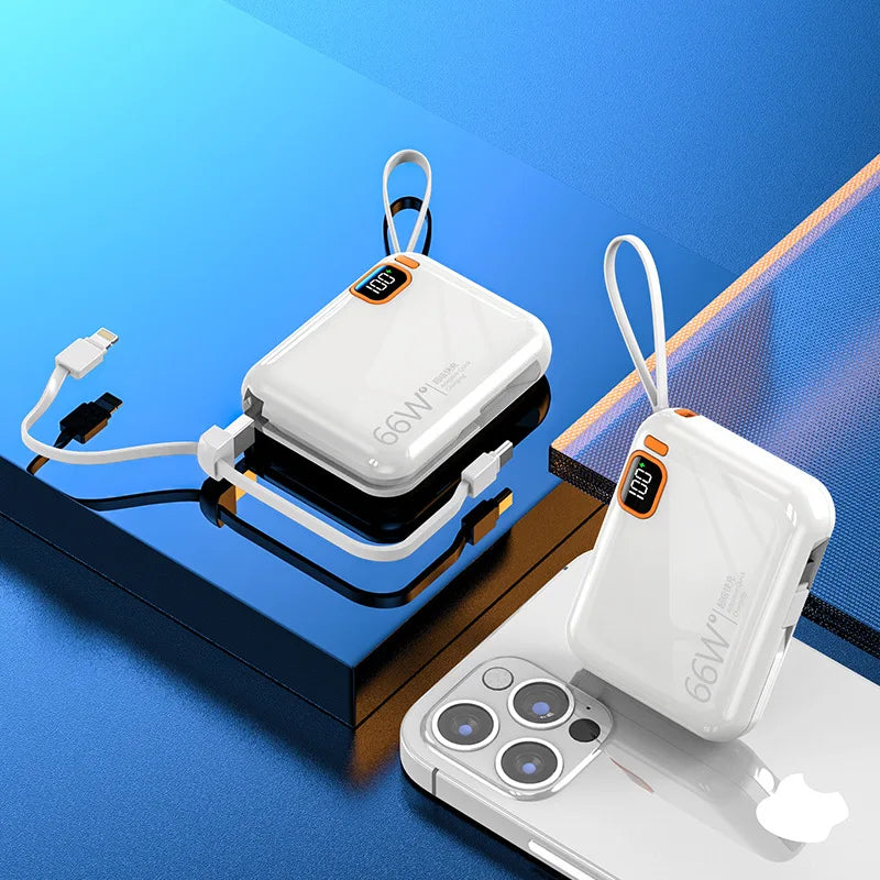 66W 10000/20000mAh Power Bank for IPhone Huawei and Samsung Mobile Phones Built-in Cable PD Two-way Power Bank