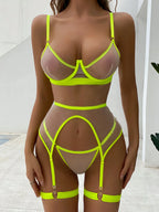 Sexy Lingerie Set Women Transparent Lace Neon Mesh with Seamless Bra and Panty Ultra Hot Erotic Garter Belt