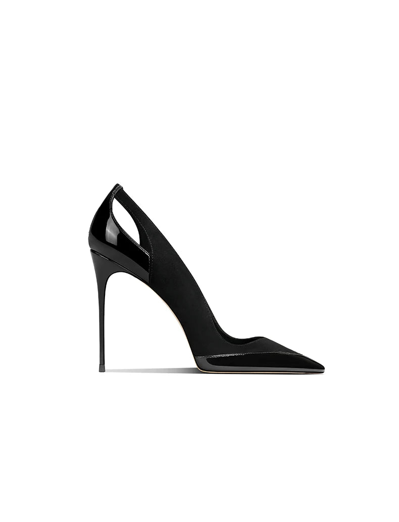 French style gray patent leather patchwork design with a sense of autumn new style pointed toe slim heel high heels for women