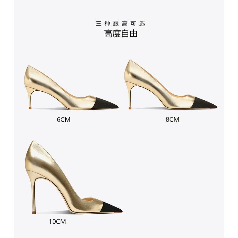 Golden high heels for women, new style, with pointed, slender heels,small fragrant style,color blocking, sexy banquet high heels
