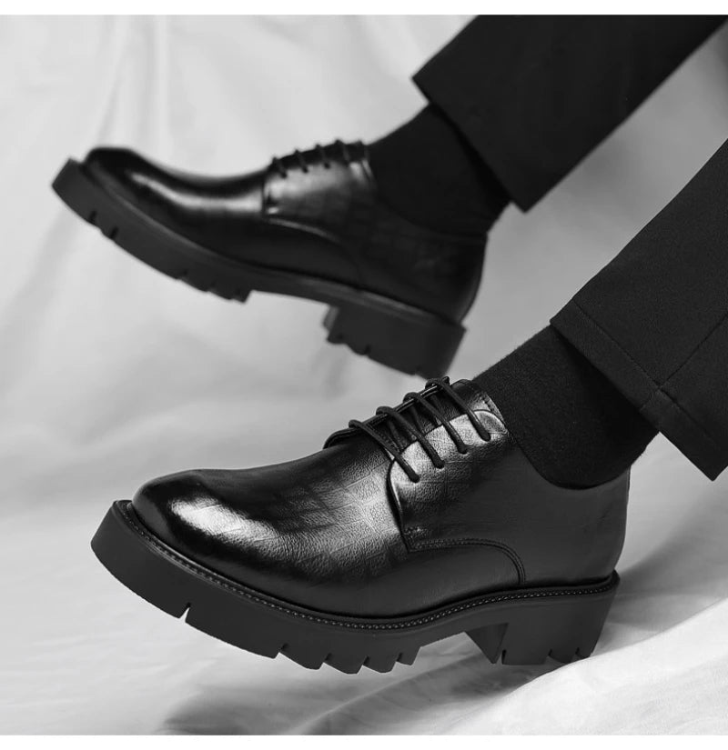 Men's Thick-Soled Low-Cut Business Formal Leather Shoes With Lace-Up Height Increase Groom's Wedding Shoes With Suit Shoes