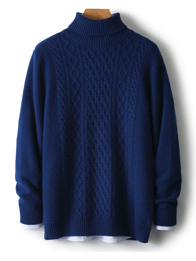 Fall/Winter 100% Wool Men's Turtleneck Thicken Sweater Jacquard Solid Cashmere Knitted Bottom Shirt