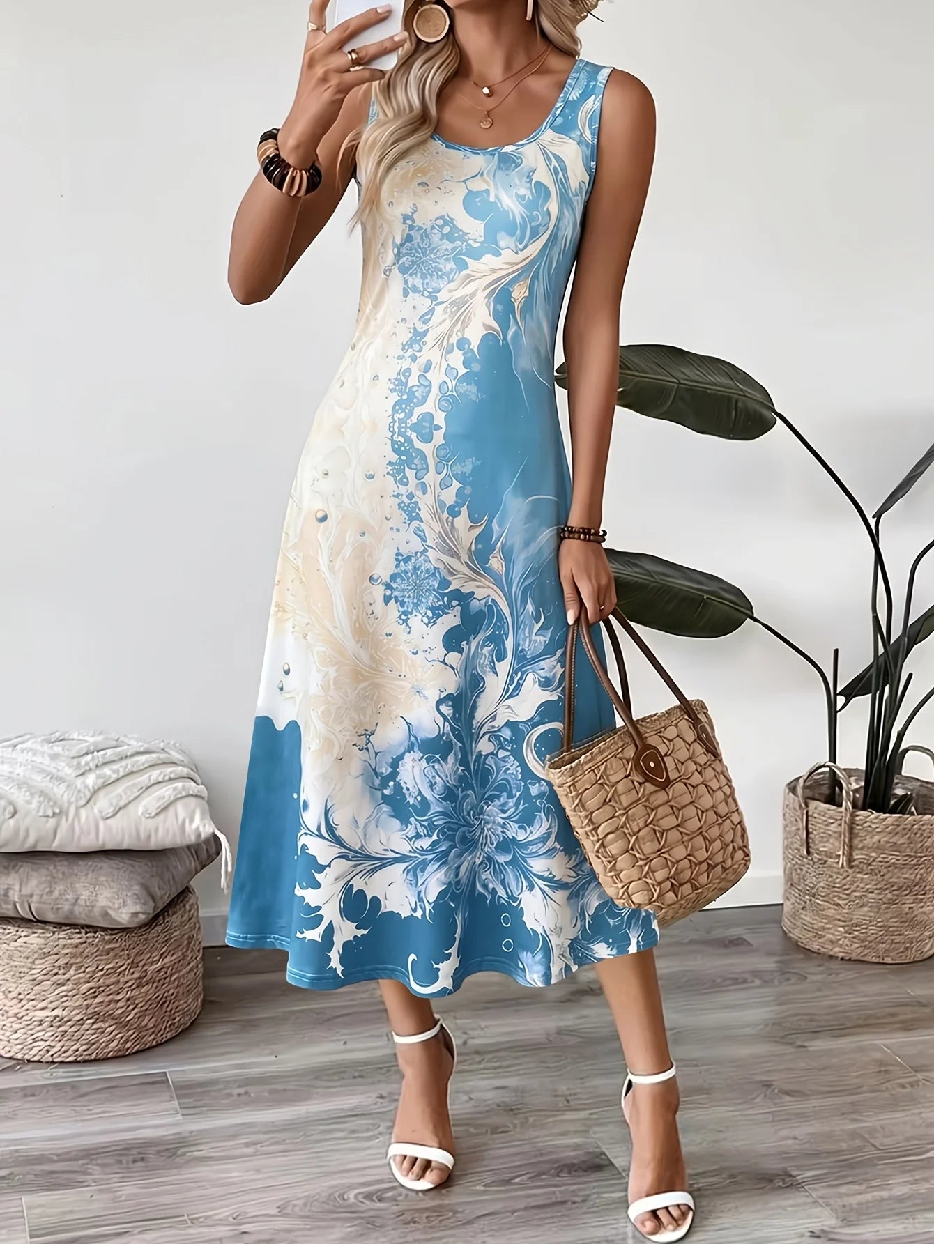 2026 Women's Casual Dresses Luxury Artistic Gradient Print Sleeveless Tank Dress Female Clothing Elegant Beach Dress New