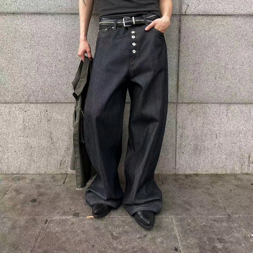 MWJLPWQ Button Design Machete Denim Baggy Jeans Men's High Street Edge Selvedge Niched Hiphop Loose Long Wide Leg Pants 12377