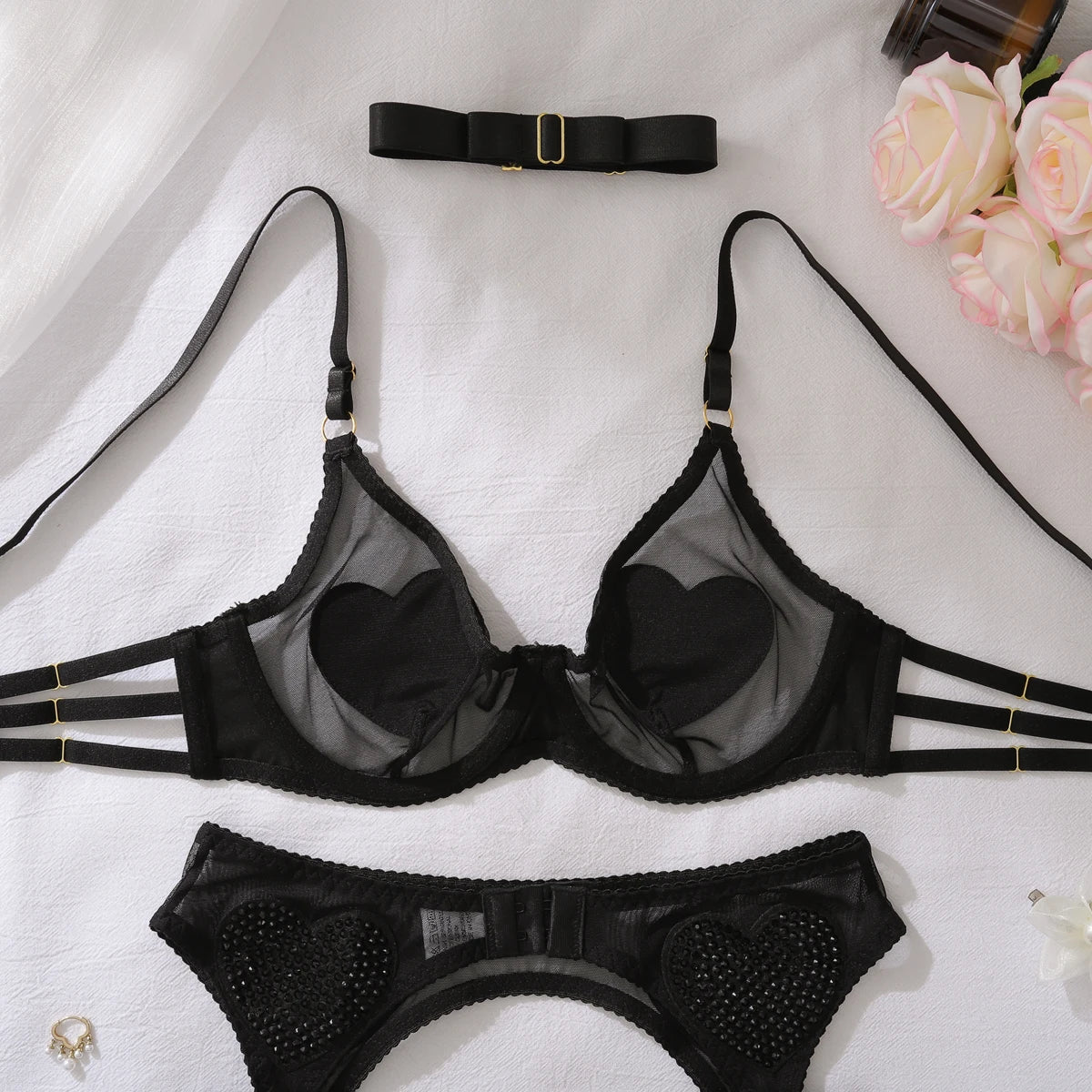 Ellolace Tempted Women's Lingerie Sets Daring Heart Rhinestone Bra Belt Thong 3PC with Choker Leg Circles Intimate Miss Outfits