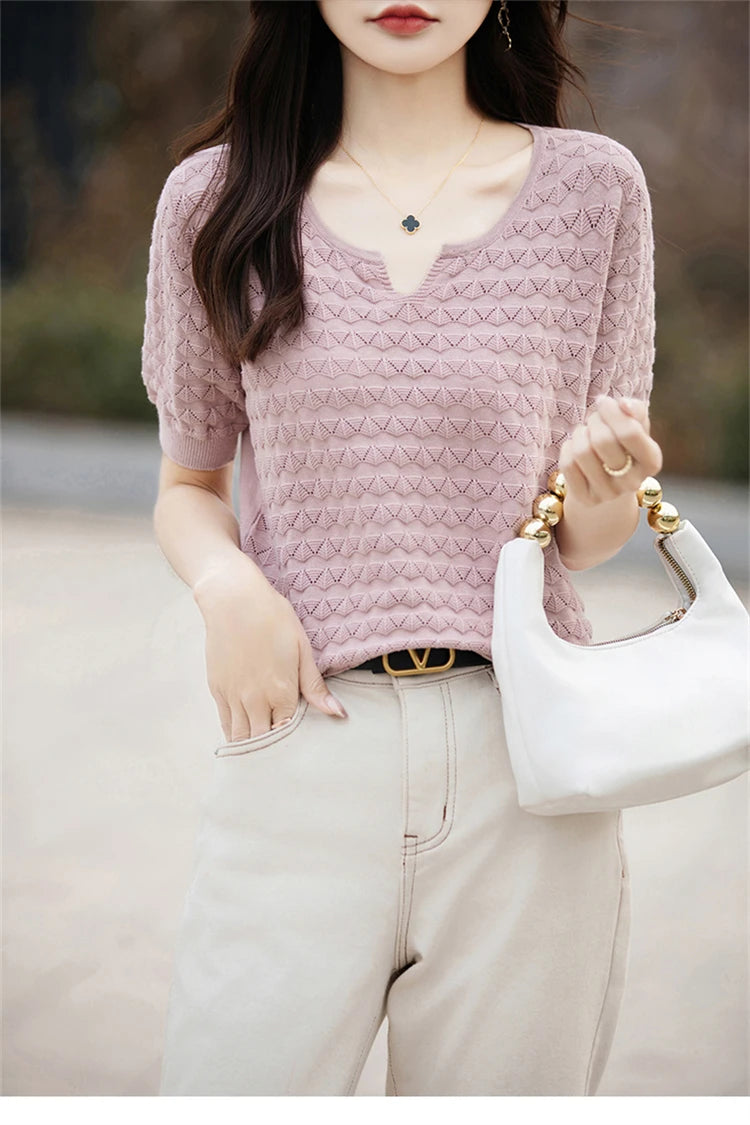 Women's T-shirt Summer New 100% Pure Cotton Tees Casual Solid Knitted Short sleeved V-neck Pullover Loose Tops Fashion Sweater