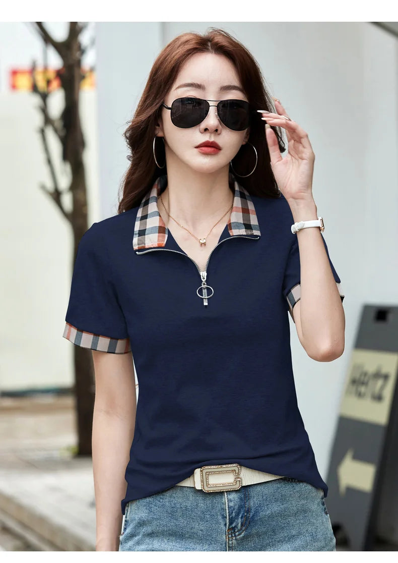 New Women Summer Cotton Polo T-shirt Fashion Button Plaid Turn-down Collar Short Sleeve Slim T-shirt Simplicity Casual Tees Tops