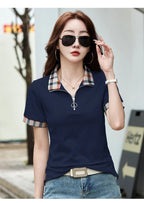 New Women Summer Cotton Polo T-shirt Fashion Button Plaid Turn-down Collar Short Sleeve Slim T-shirt Simplicity Casual Tees Tops