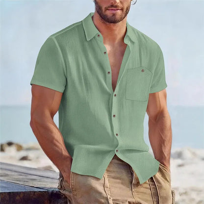 Men's Linen Blend Short Sleeve Button Down Shirt Casual Beach Top with Chest Pocket Breathable Lightweight Summer Shirts for Men