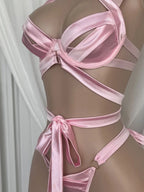 Belamimi Luxury Pink Lingerie Set For Women Cross Tie Back Bowknot Design Sexy Silky Bra Panty Suit Elegant Intimate Nightwear
