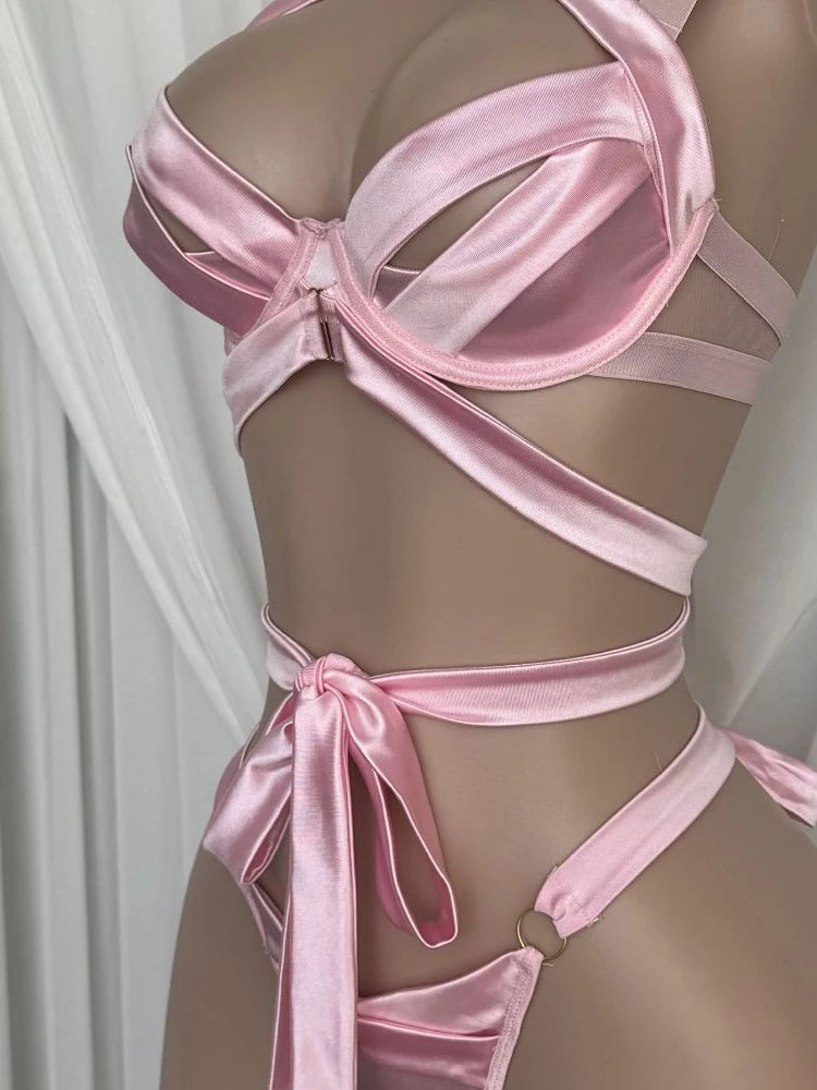 Belamimi Luxury Pink Lingerie Set For Women Cross Tie Back Bowknot Design Sexy Silky Bra Panty Suit Elegant Intimate Nightwear