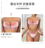 Autumn and Winter Velvet Bra Set Women's French Lace Patchwork Underwear Sexy Soft Steel Ring Ultrathin Lingerie Suit