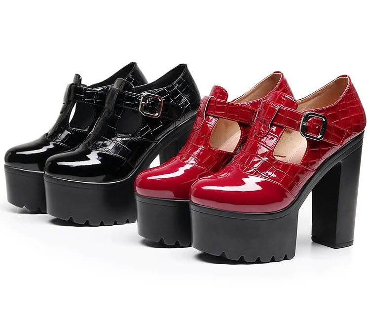 14cm Small Size 32-43 Elegant Patent Leather Mary Janes Chunky Platform Pumps 2025 Spring Block High Heels Shoes for Model Dress