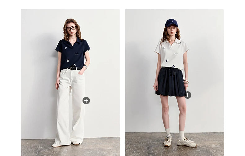 TOYOUTH Women Polo T-Shirt 2026 Summer Joint Name with Gongchangzhang Embroidered V-Neck Age-Reducing Trendy Tops