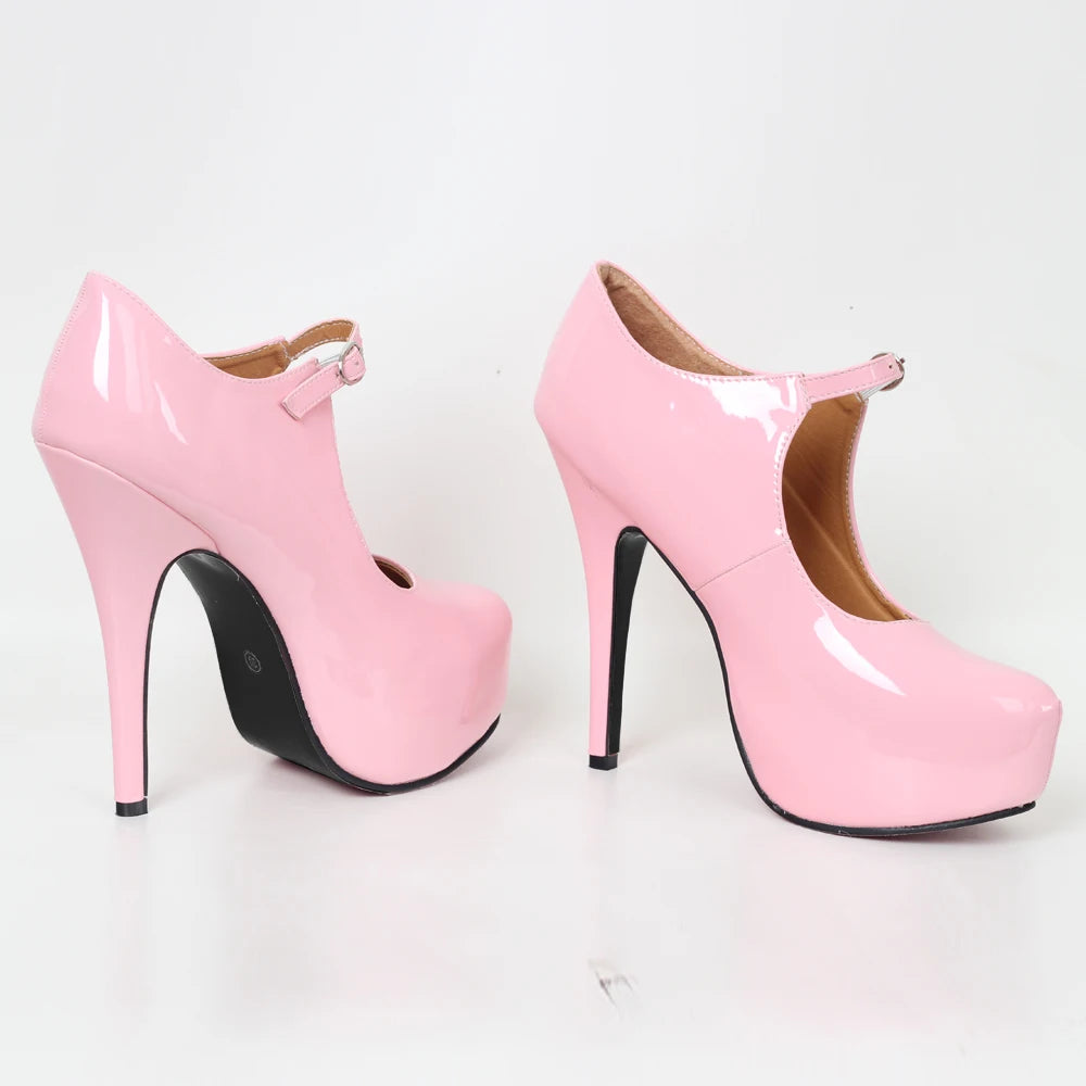 Women Pink Patent Leather High Heels Sexy Side Cut Out Ankle Strap Ultra Thick Platform Stiletto Pumps Lolita Cosplay SSize 5-15