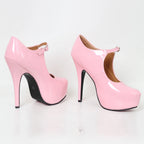 Women Pink Patent Leather High Heels Sexy Side Cut Out Ankle Strap Ultra Thick Platform Stiletto Pumps Lolita Cosplay SSize 5-15