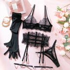 New Eyelash Lace 5-Piece Lingerie Set for Women with Underwire Bra Waistband  Garter Belt Leg Rings Gloves Sexy Comfortable