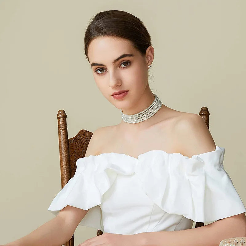 Fashion Multilayer Elegant White Pearl Collar Choker Necklace For Women Beaded Handmade Wedding Banguet Necklace Vintage Jewelry