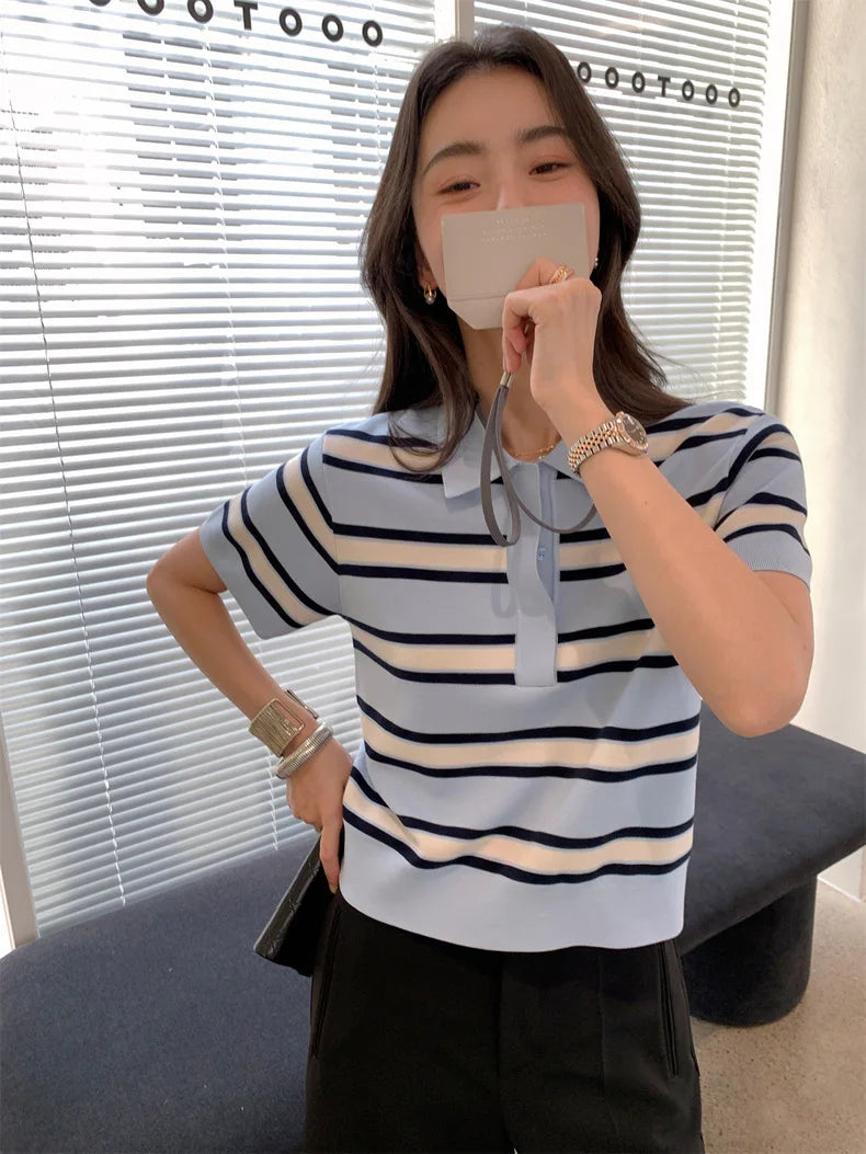 Striped POLO Neck Ice Silk Short Sleeved Women's Summer Thin Fashion Loose Lapel Knit Top