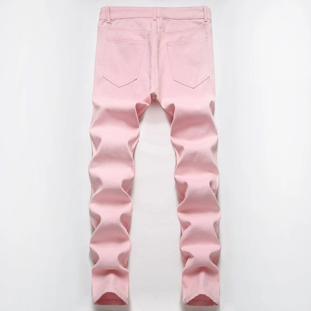 Men's Pleated Patch Denim Biker Jeans Streetwear Pink White Cotton Pants Ripped Patchwork Slim Straight Trousers