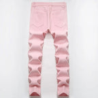 Men's Pleated Patch Denim Biker Jeans Streetwear Pink White Cotton Pants Ripped Patchwork Slim Straight Trousers