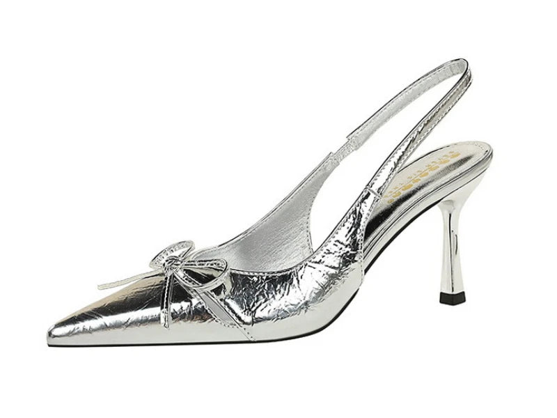 Korean Style Pointed Toe High Heels Shallow Mouth Hollow Bow Back Trip Strap Women's Shoes Thin Heels Back Empty Shoes Women