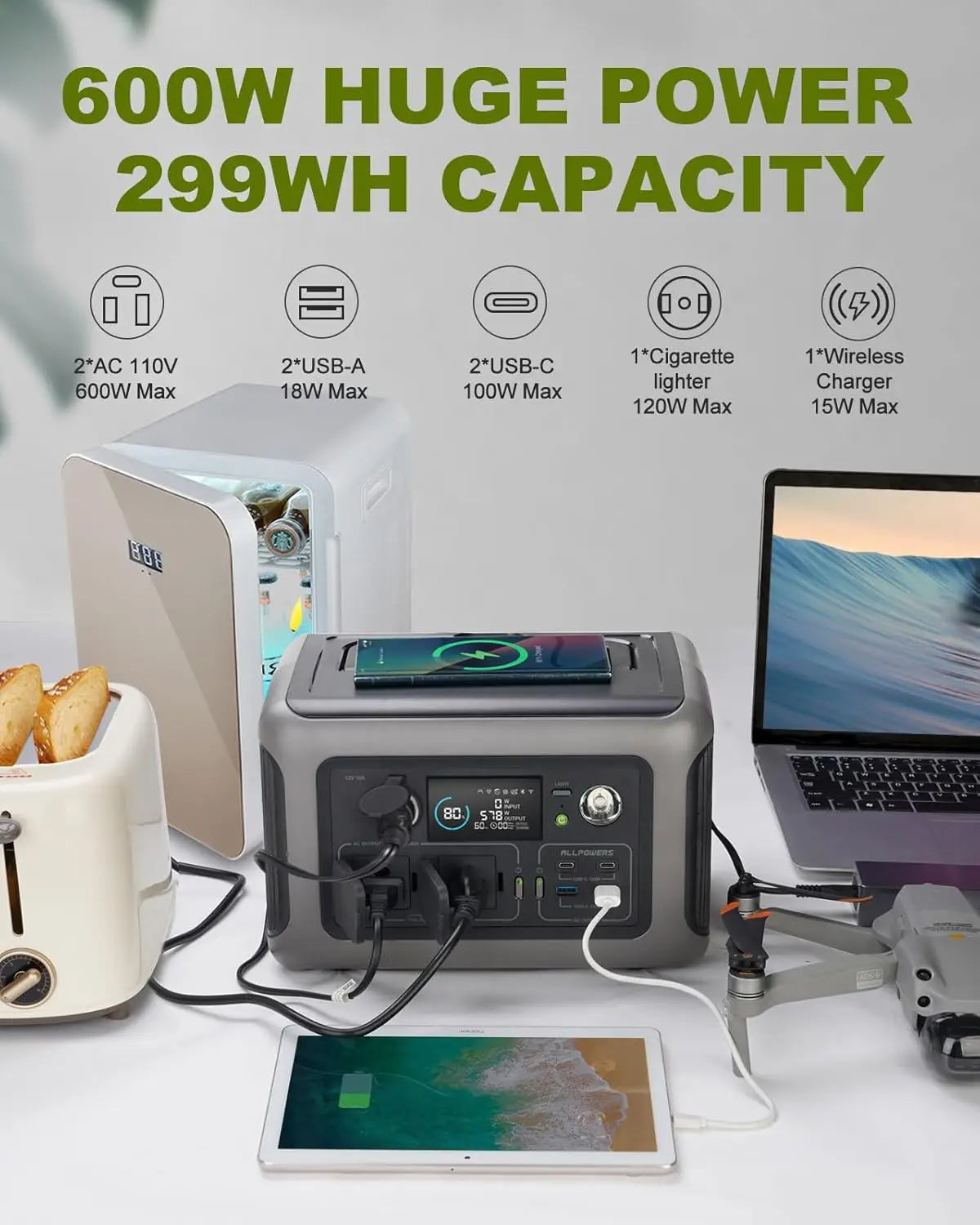 ALLPOWERS R600 Portable Power Station 299Wh LiFeP04 Battery with 600W (1200W Surge) AC Output for Outdoor Camping RV Home