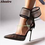 Spotted Breathable Mesh Pumps Big Bow Pointed Stiletto Buckle Strap High Heels Fashion Party Banquet Wedding Pumps For Women 47