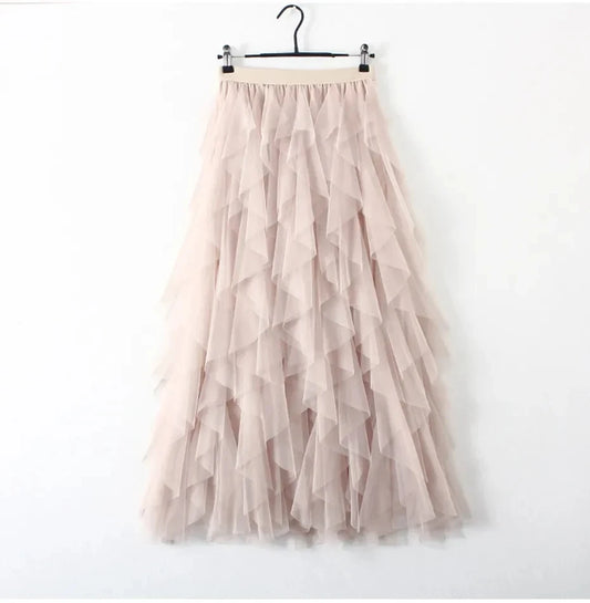 Womens Elastic High Waist Tulle Mesh Irregular Tutu Skirt Gauze Skirt Spring and Summer New Pleated A-Line Skirt in the Long Hi