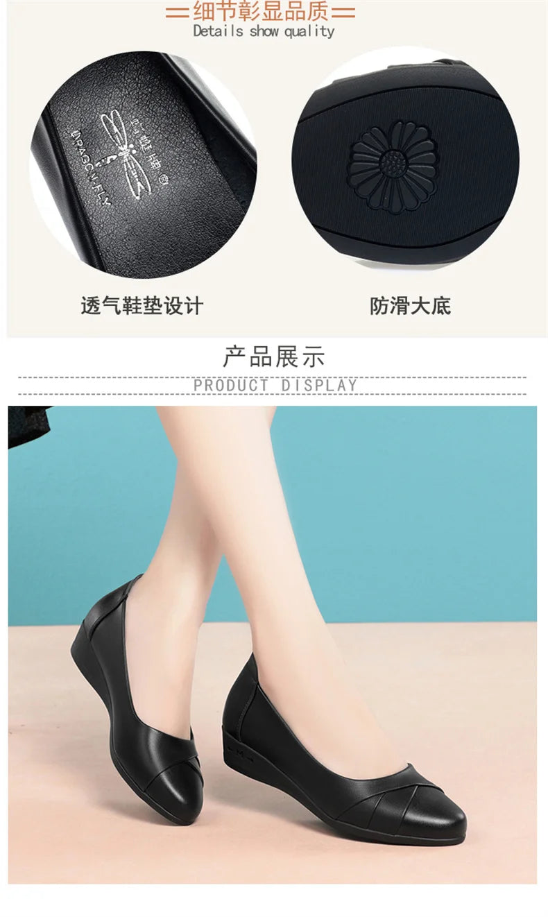 Women Fashion Light Weight Wedge Heel Comfort Spring Autumn Shoes Casual Sweet  Black Leather Soft Bottom Flat Shoes