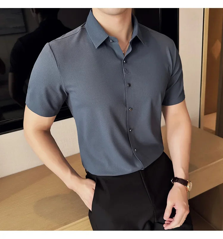 Men's White Business Casual Shirt, Fitted Striped Elastic Short-sleeved Shirt, Exquisite Embroidered Summer Formal Work Uniform.