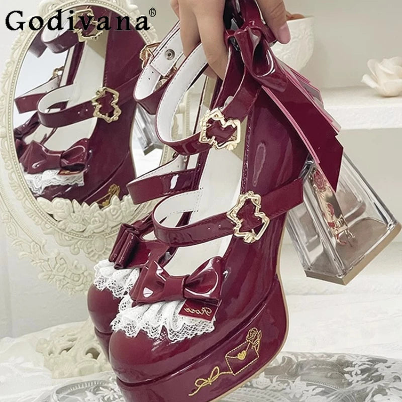 Original Design Lolita High Heeled Shoes Women Round Head Thick Sole Cute Shoes Female Versatile Elegant Mary Jane Pumps