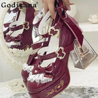 Original Design Lolita High Heeled Shoes Women Round Head Thick Sole Cute Shoes Female Versatile Elegant Mary Jane Pumps