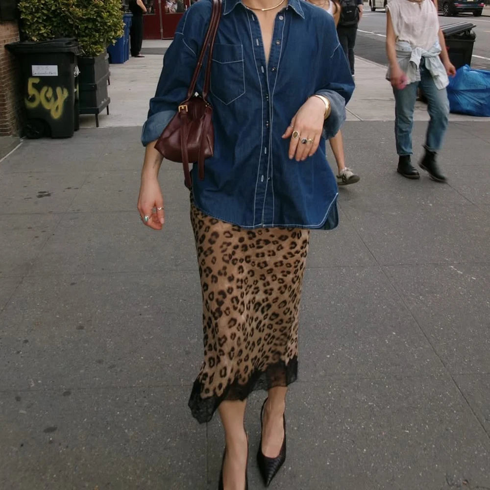 Talenza Summer Leopard Print Midi Skirts Sexy Women's Lace Patchwork Slim Skirts Fashion New Vintage Vacation Clubwear Y2K Skirt