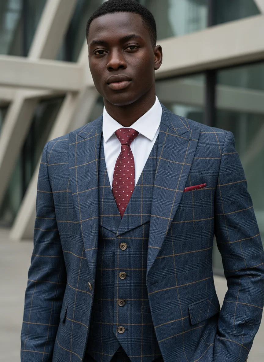 High Quality 3 Piece Checkered Suit Set Dark Blue Stylish Business Office Wedding Formal Outfit Elegant Full Man Dinner Suit