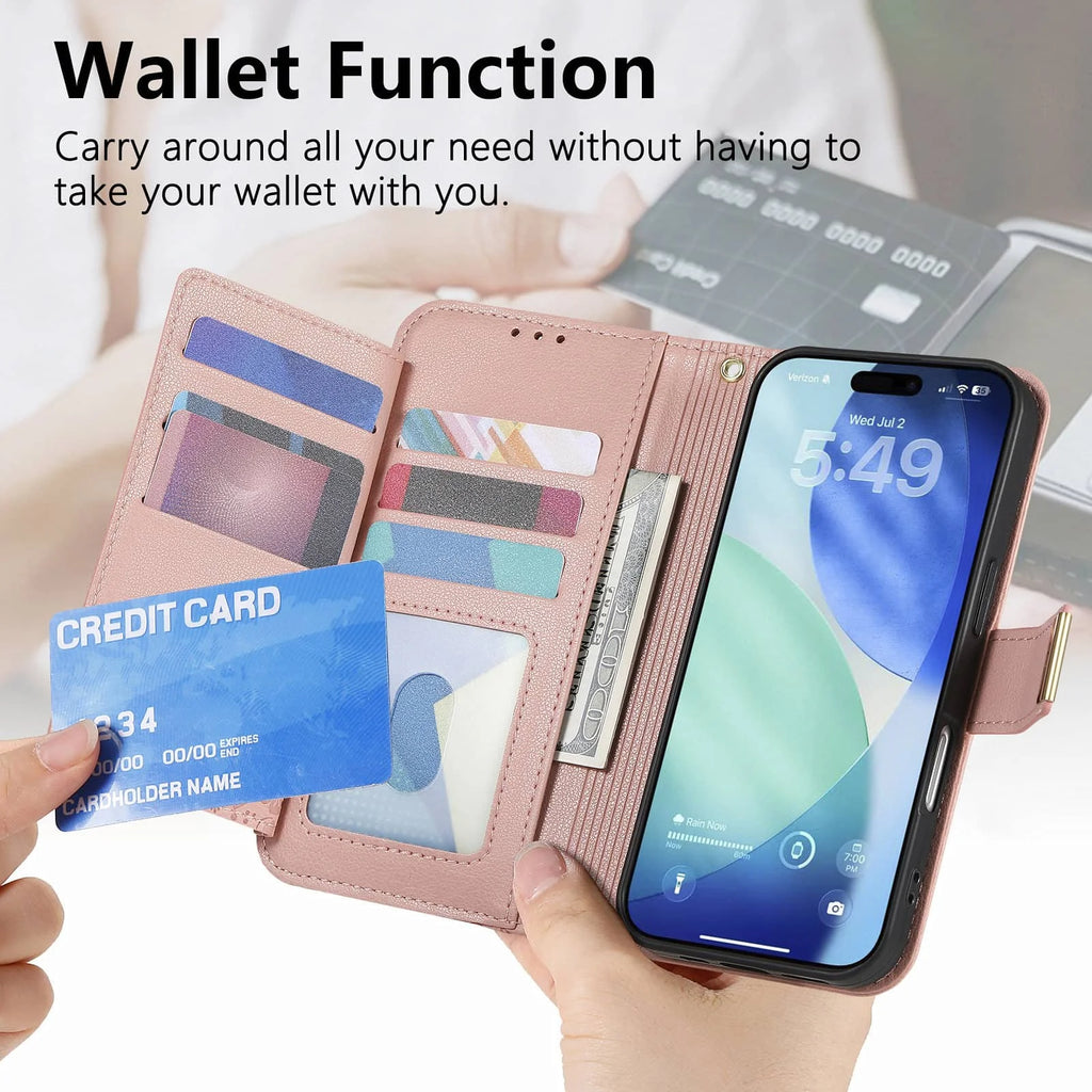 Compatible with iPhone 17/16e/15/14/13/12 Pro Max 16 Plus Lanyard Zipper Wallet Case Dual Card Holder Flip Stand Magnetic Buckle