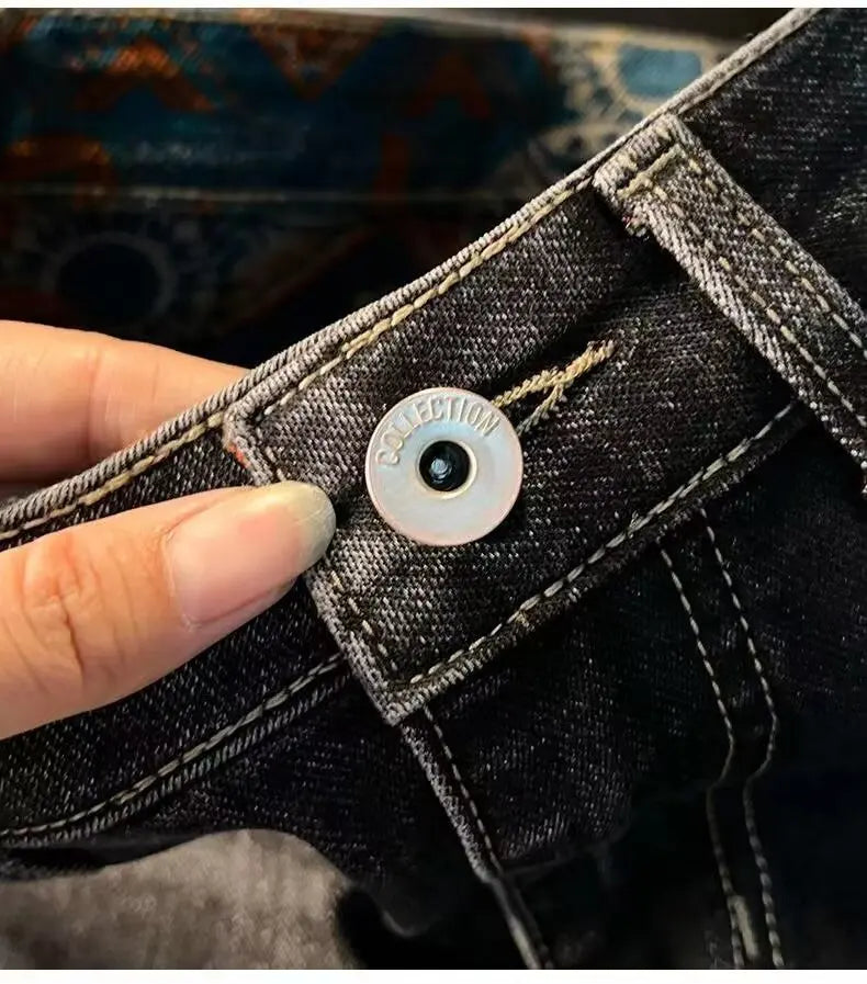 Men's Denim Pants Are Worn Washed Embroidered Smple Straight and Slim Fit With Small Legs